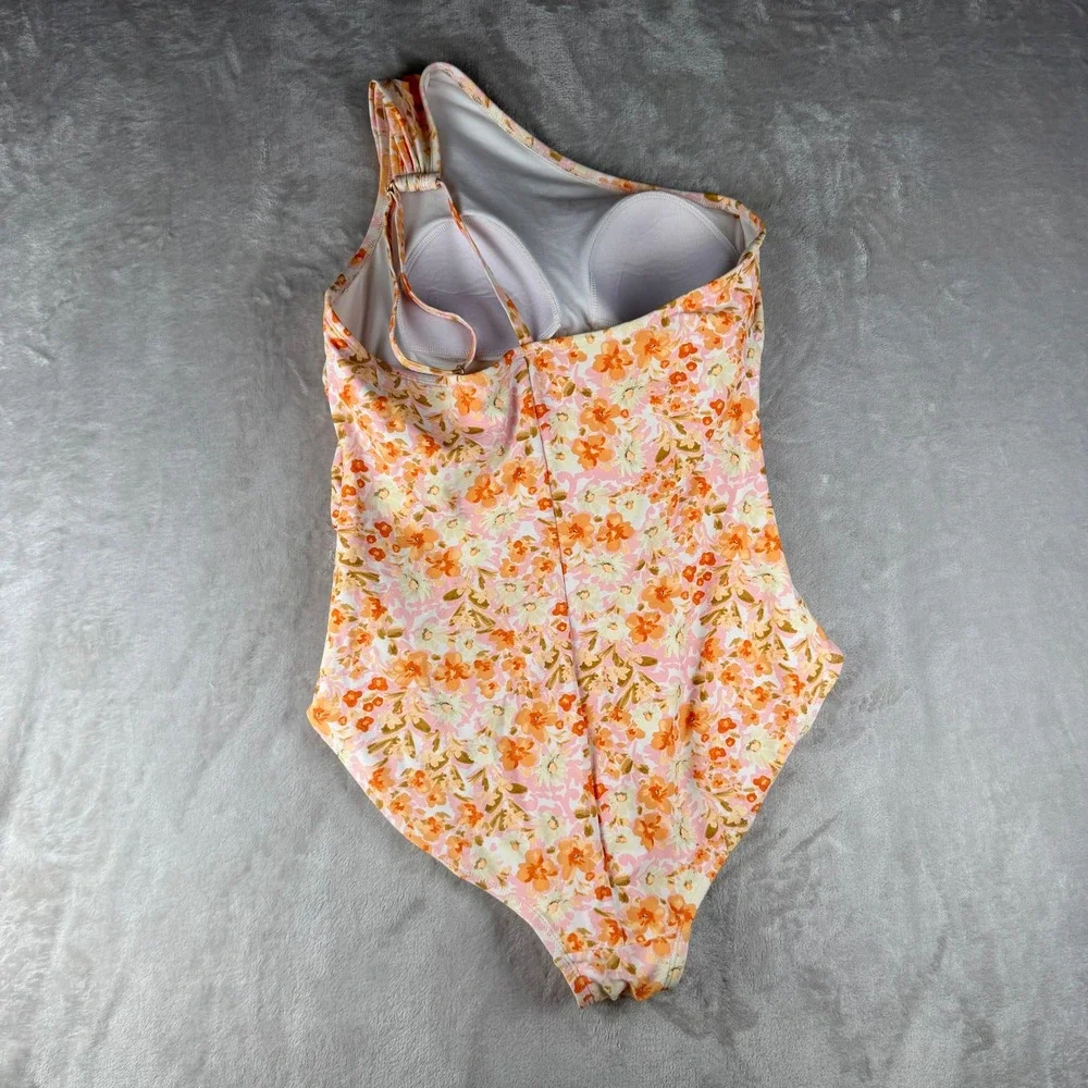 Kona Sol Womens Floral One‎ Shoulder One Piece Swimsuit Orange Pink XL
